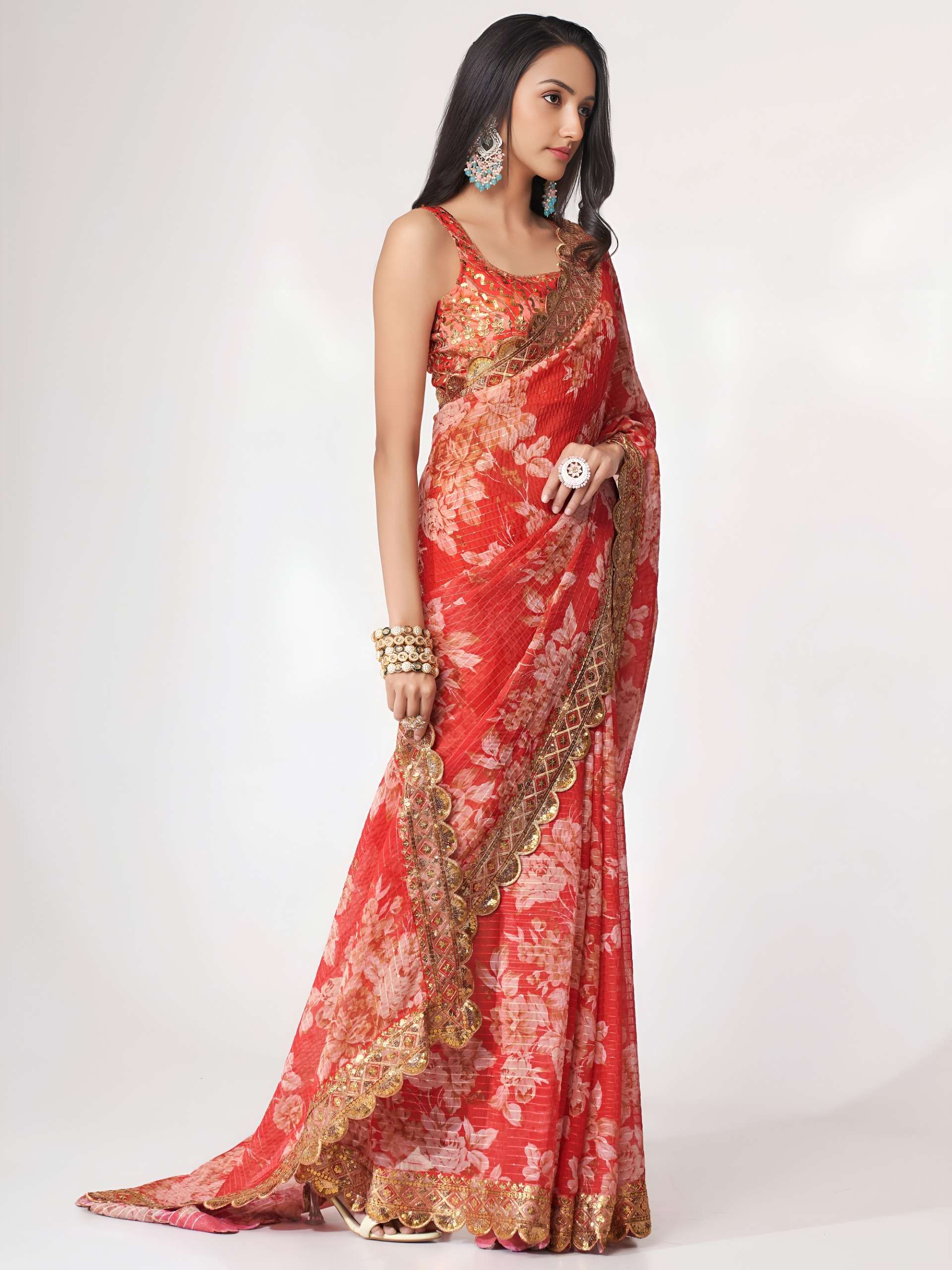 Coral crimson Red colou pretty Floral design on Royal Organza fabric Saree Wholesale in surat 1107 Red 